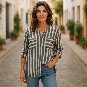 * CREATION L Gray and White Striped Hi Lo Button Front Shirt Ladies Size 14